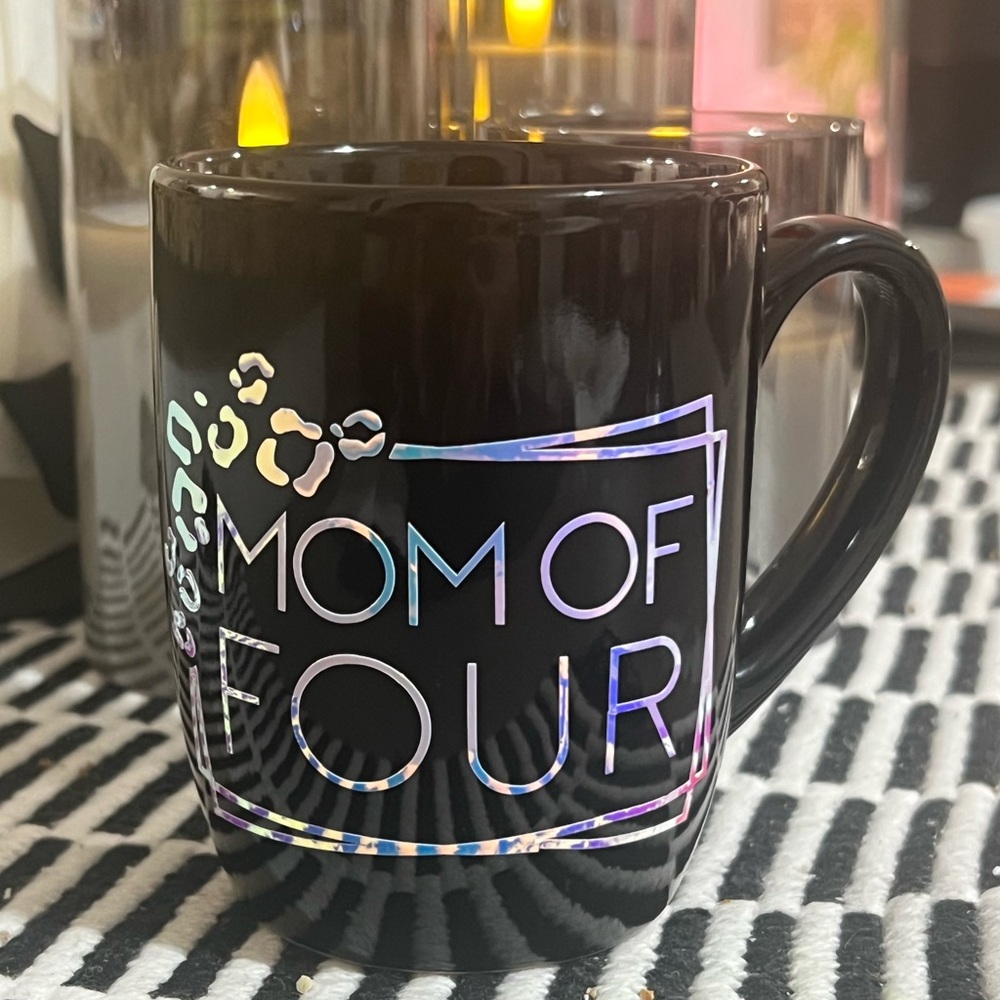 Handmade Mom of Four coffee mug with holographic design